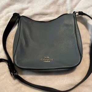 Coach Pebbled Leather Crossbody in Dusty Blue with Black Strap